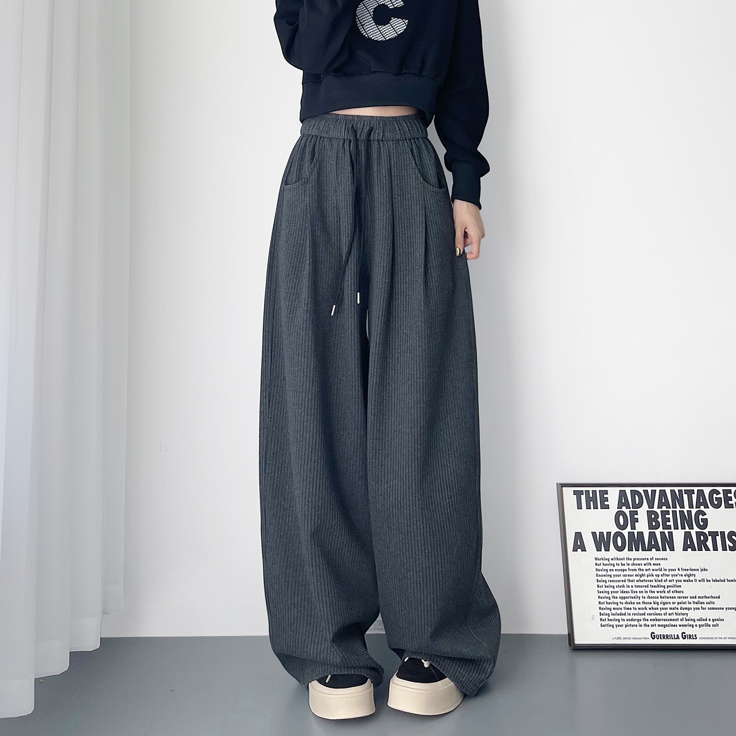 蜜略大码显瘦条纹阔腿裤梨形身材