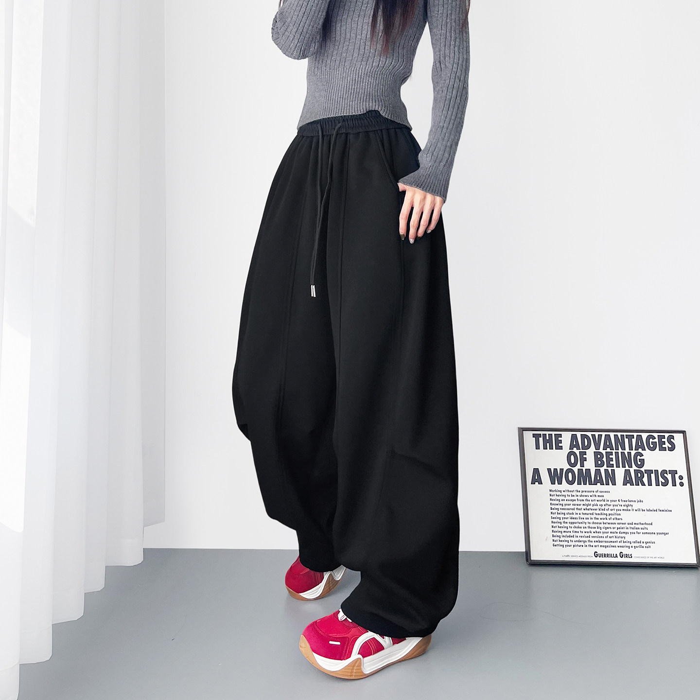 高腰大裤腿黑色阔腿裤女春季新款大码胖mm显瘦松弛感直筒运动长裤,女装/女士精品,大码裤装,淘宝优惠券,粉丝福利购,淘宝优惠卷