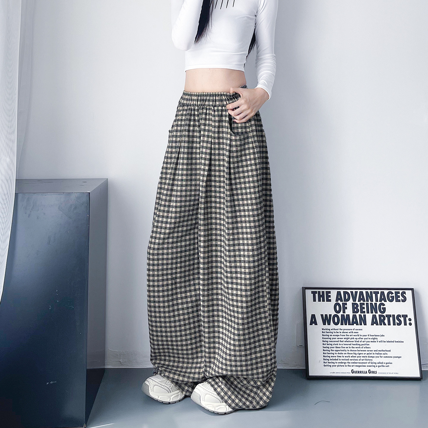 2026春季季新款高腰格子阔腿裤女大码胖mm微胖显瘦慵懒松弛休闲裤,女装/女士精品,大码裤装,淘宝优惠券,粉丝福利购,淘宝优惠卷