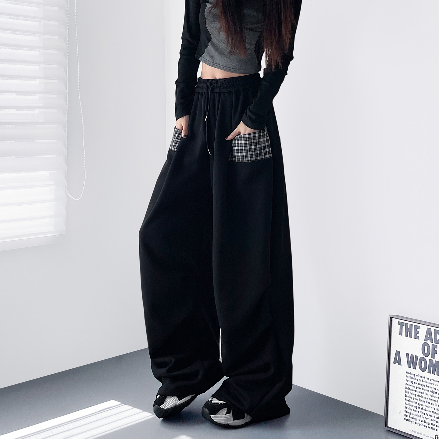 大码宽松显瘦拼接格子阔腿裤女春季新款胖mm微胖女孩垂感运动卫裤,女装/女士精品,大码裤装,淘宝优惠券,粉丝福利购,淘宝优惠卷