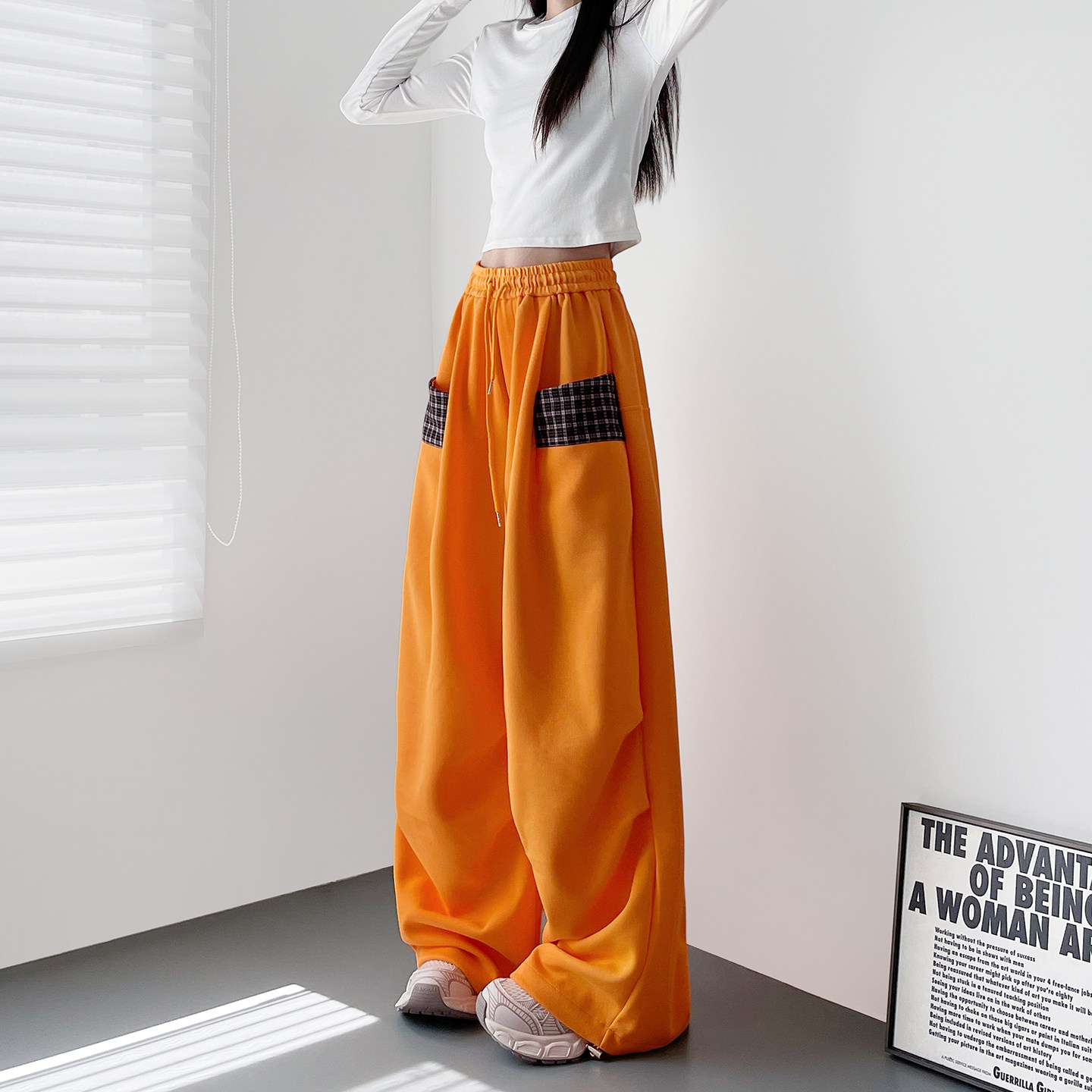 大码设计感格子拼接口袋阔腿裤女春季胖mm宽松显瘦直筒拖地运动裤,女装/女士精品,大码裤装,淘宝优惠券,粉丝福利购,淘宝优惠卷