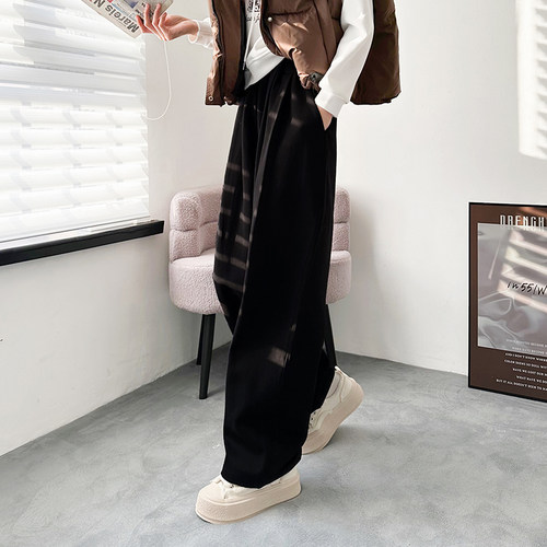 蜜略黑色大码阔腿裤女秋冬季