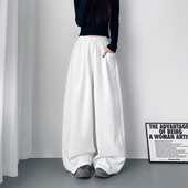 女2025冬季 新款 大码 高腰宽松加绒阔腿裤 胖mm白色慵懒风运动卫裤 子