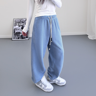 蓝色卫裤 子 女外穿羊羔绒双面加绒胖mm防风保暖束脚慵懒风摇粒绒裤
