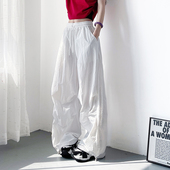 女大码 宽松胖mm夏天空调裤 显瘦轻薄防晒工装 白色不透冰丝阔腿裤 裤