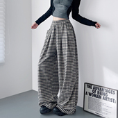 胖mm显瘦慵懒风软糯加长休闲长裤 早春设计感格子休闲阔腿裤 女大码
