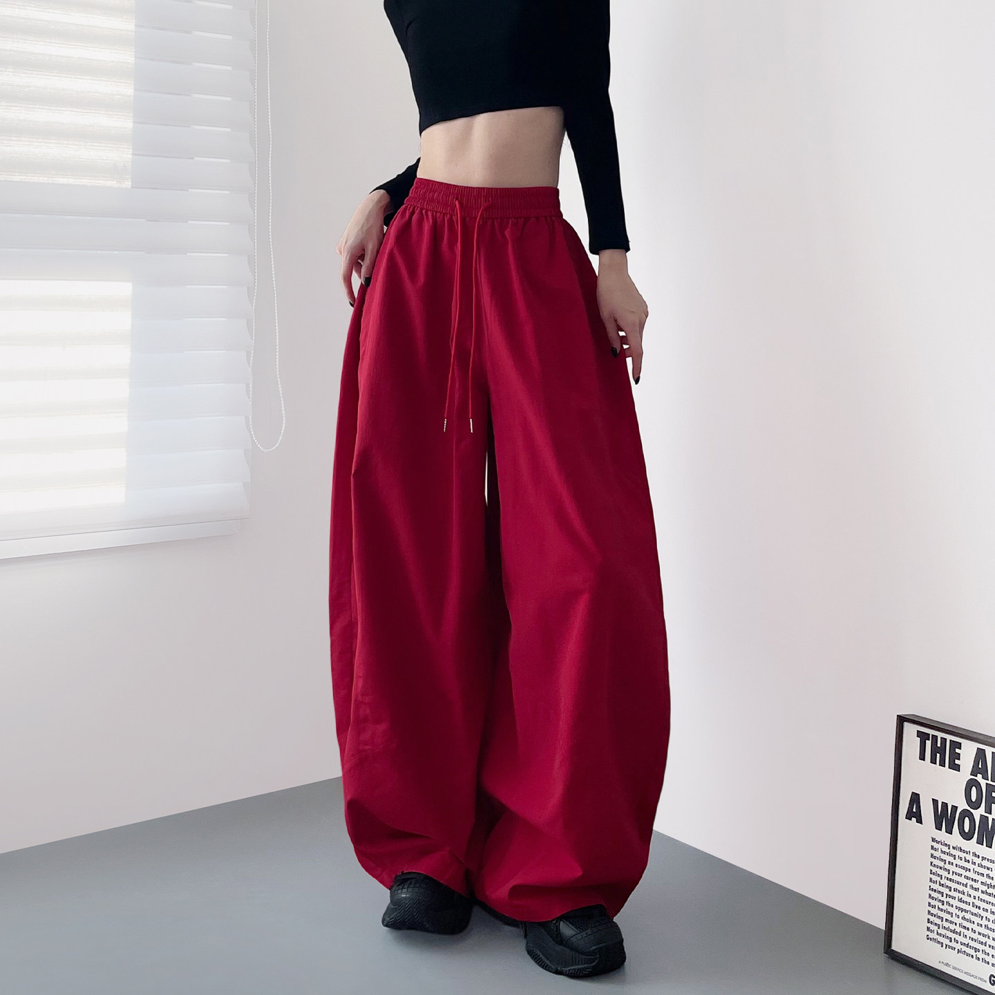 红色高腰酷飒拽姐阔腿裤女春季大码胖mm显瘦宽松慵懒风藏肉运动裤,女装/女士精品,大码裤装,淘宝优惠券,粉丝福利购,淘宝优惠卷