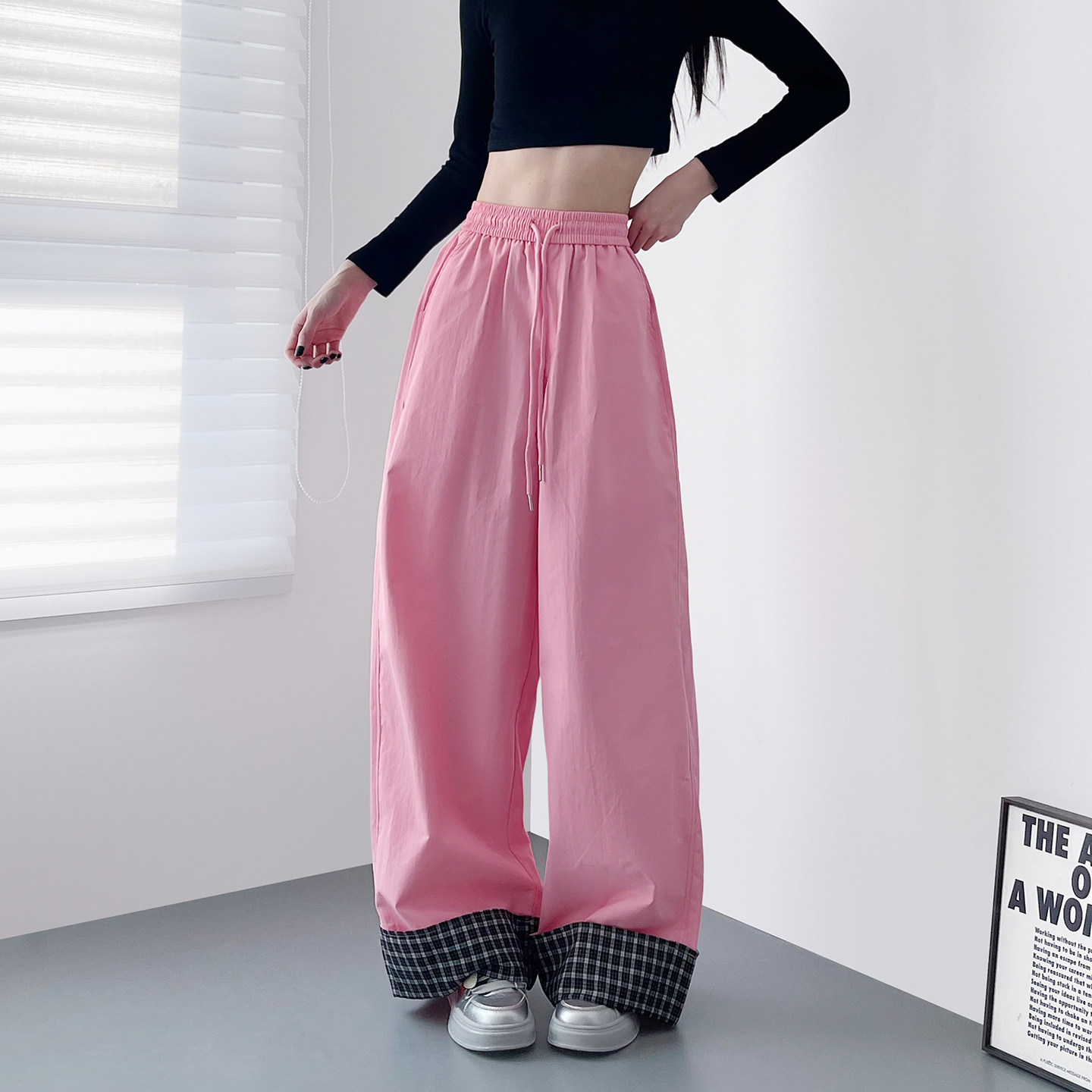 高腰拼接格子休闲拖地裤女早春新款胖mm显瘦大码踏青出游阔腿裤子,女装/女士精品,大码裤装,淘宝优惠券,粉丝福利购,淘宝优惠卷