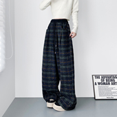 慵懒风粗毛呢格纹阔腿裤 女冬季 显瘦胖mm窄版 大码 加厚羊毛弯刀裤 子
