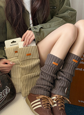 灰色堆堆袜宽松袜套女秋冬季保暖复古皮标毛线小腿袜套潮美拉德风