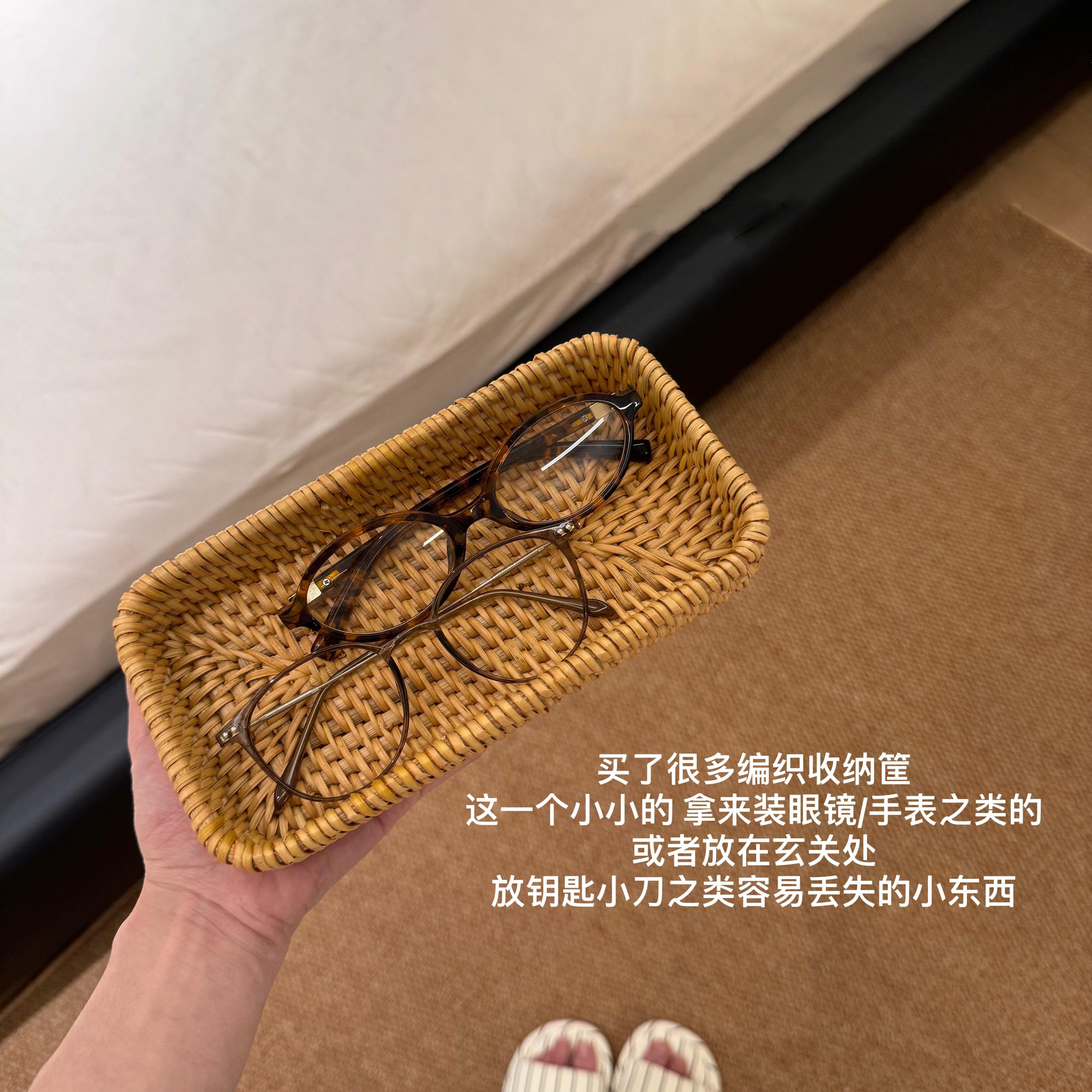 中古风编织收纳筐复古眼镜钥匙杂物桌面收纳盒多功能置物钥匙托盘