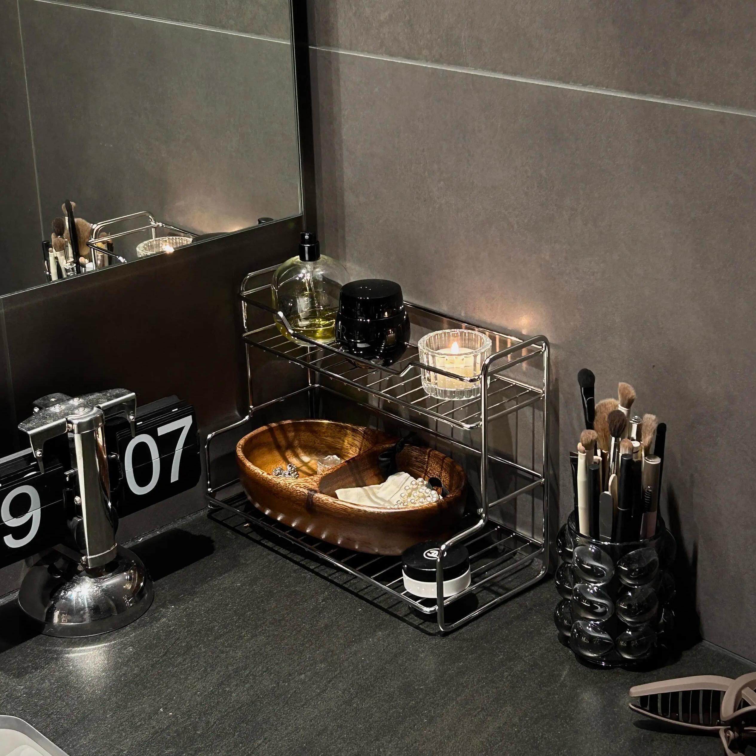 洗漱台收纳不锈钢置物架浴室洗手台护肤化妆品沥水整理盒极简风