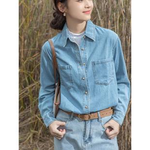 淺藍色牛仔襯衫 加絨加厚女外套 女內搭疊穿正肩襯衣2023年秋冬新款