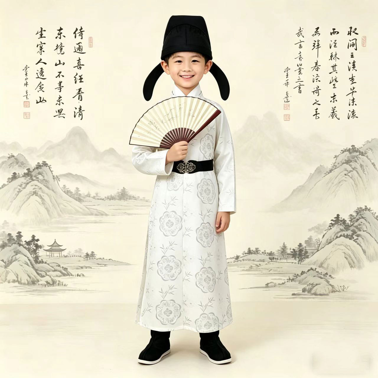 青荷繁花春夏男童汉服唐装圆领袍