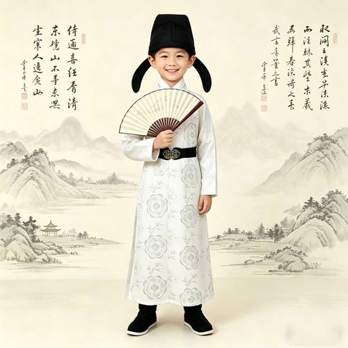 青荷繁花春夏男童汉服唐装圆领袍