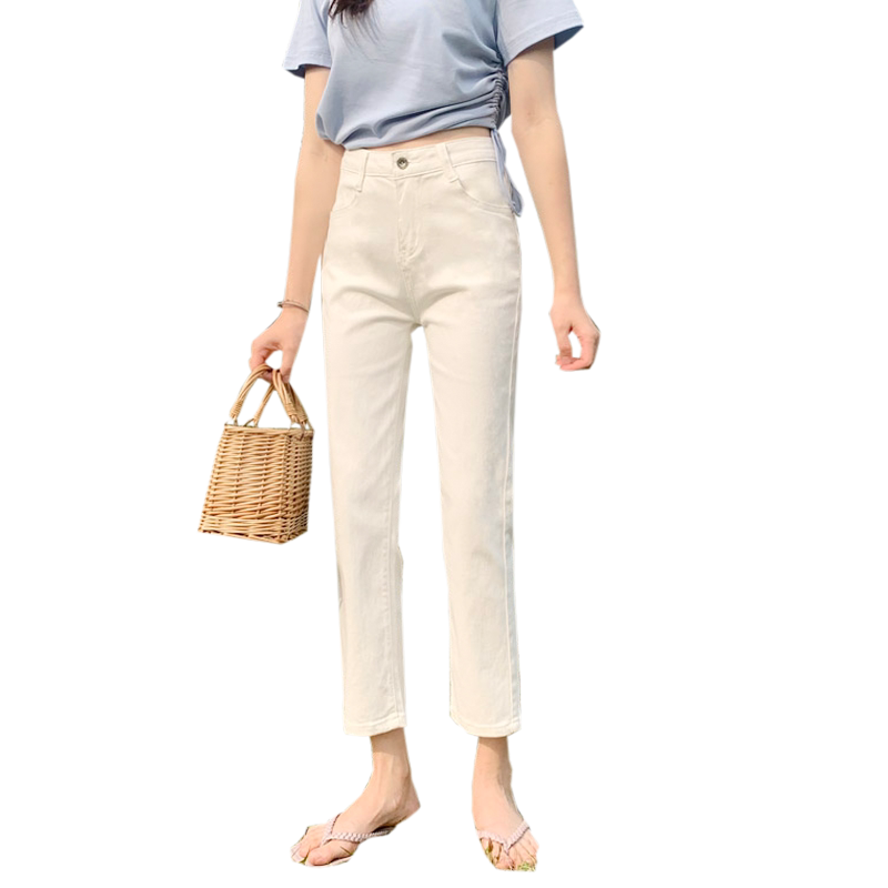 2023新款高腰白色牛仔裤女春季直筒宽松显瘦八分小个子阔腿潮