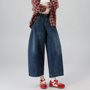 150cm小个子复古阔腿牛仔裤女2026春季新款高腰显瘦宽松弯刀裤子