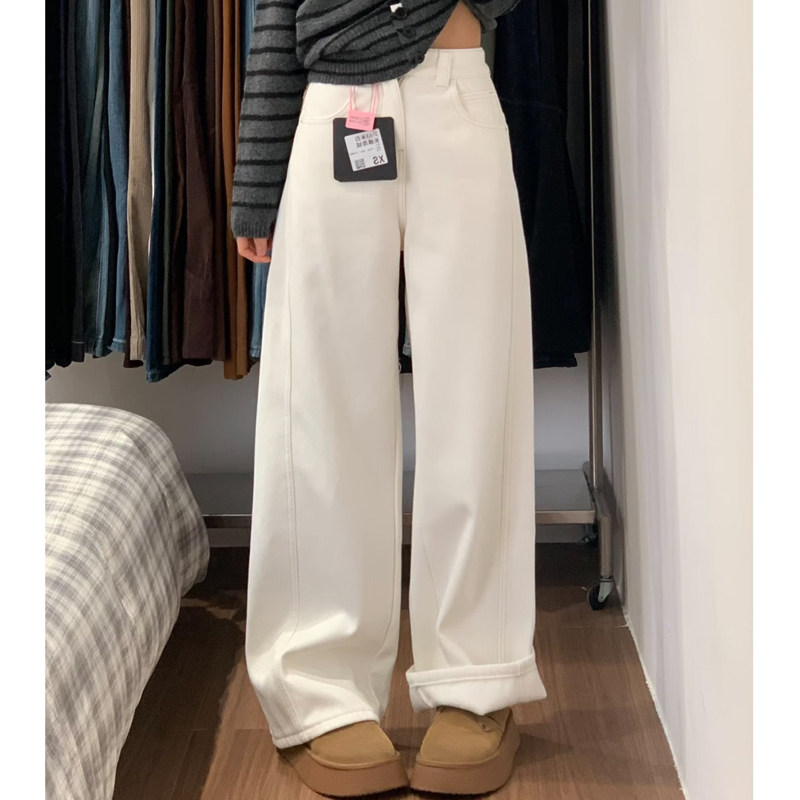 白色加绒阔腿牛仔裤女2025冬季新款高腰宽松高级弯刀小个子直筒裤