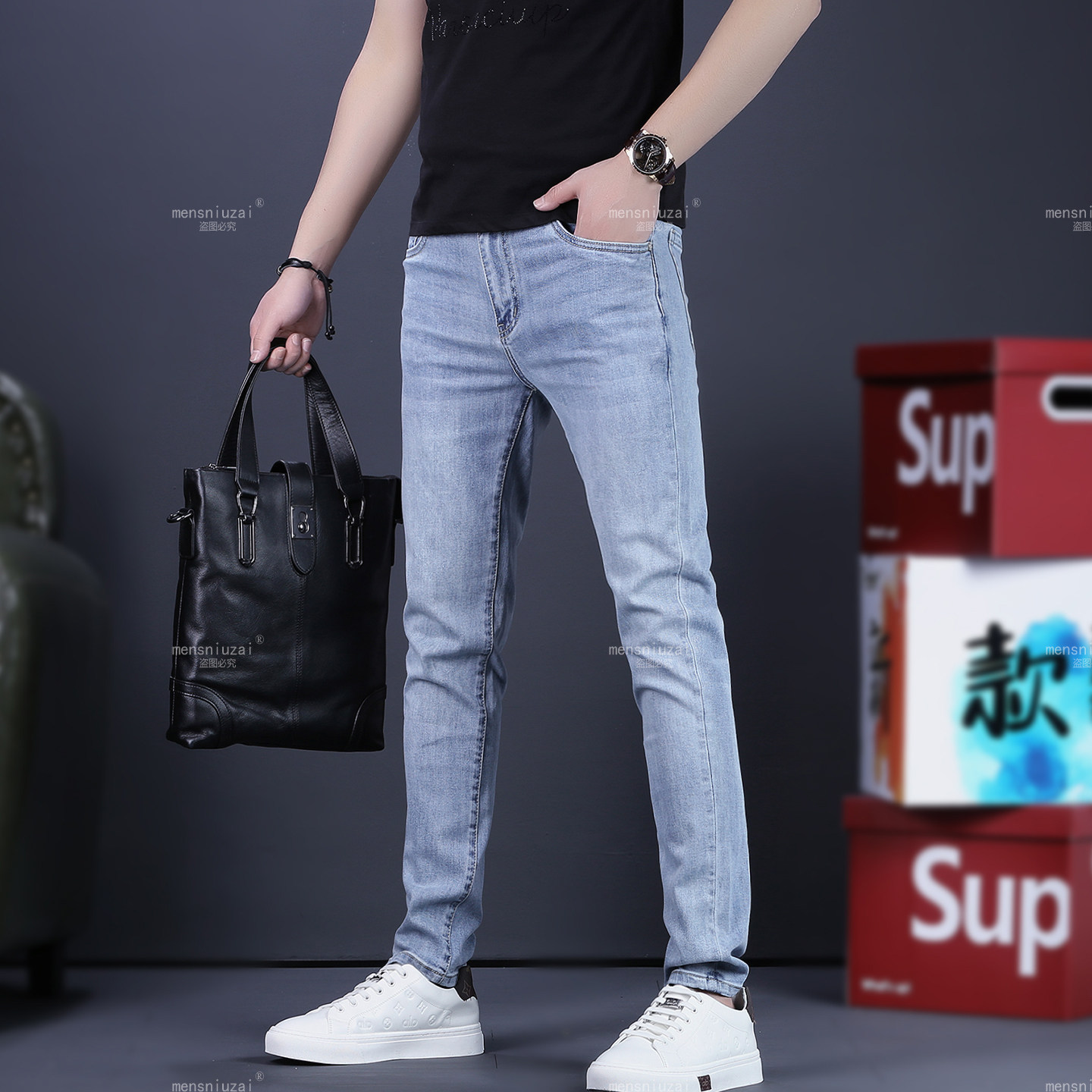 男士浅蓝9分牛仔裤男款2026新款夏季薄款修身小脚潮流百搭男长裤