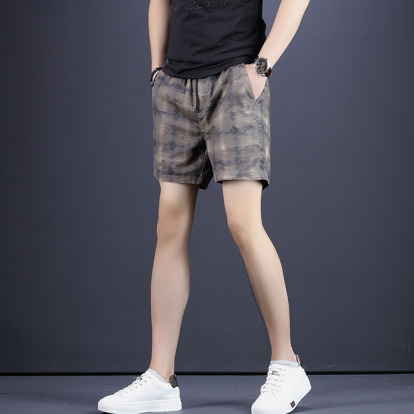 男士迷彩短裤夏季水洗宽松休闲五分裤韩版直筒系绳潮牌格子中裤