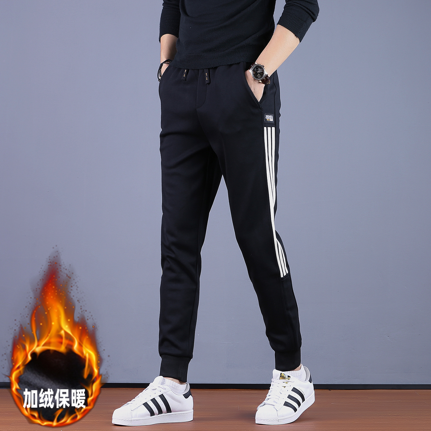 潮牌新款保暖休闲裤男款运动裤男潮流百搭束脚卫裤秋冬款加绒男裤