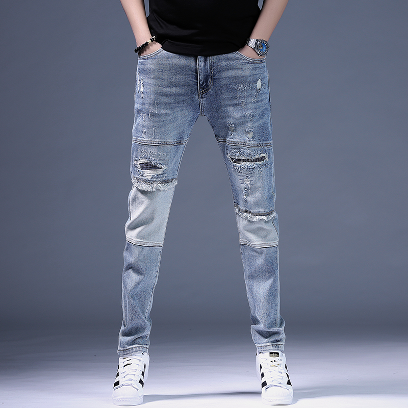 潮牌新款春夏水洗破洞刮烂男牛仔裤青年做旧复古拼色潮流痞帅男裤
