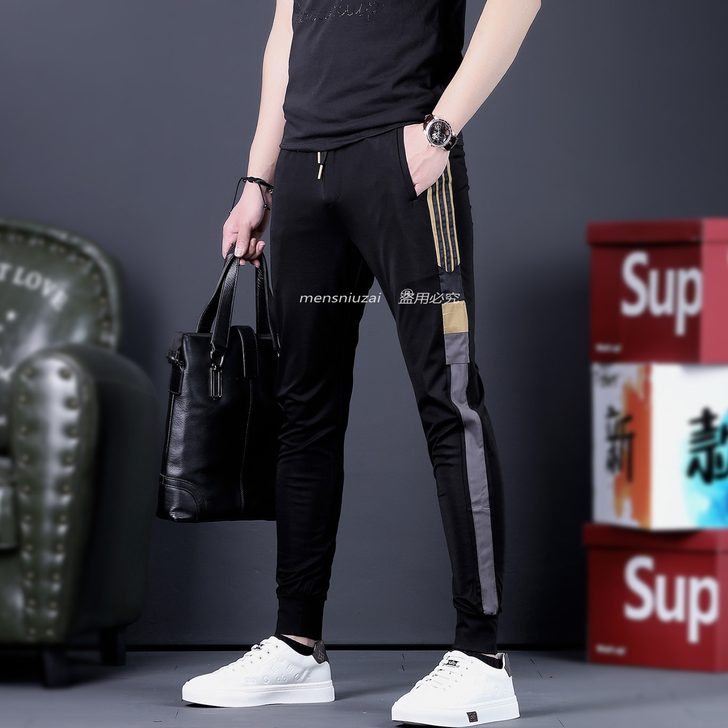 潮牌运动休闲裤男拼接修身束脚长裤侧边条纹小脚裤男士冰丝卫裤男