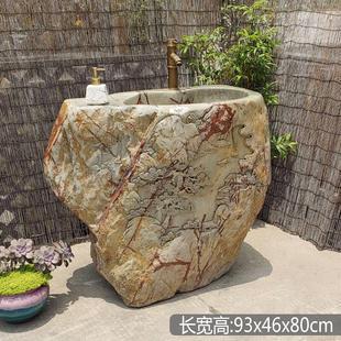 端砚石材艺术石雕立柱盆户外花园原始石头一体洗手盆中式 热卖 水槽