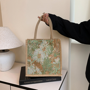 莫奈花园编织亚麻袋2025新款 森系文艺外出小拎包田园风手提托特包