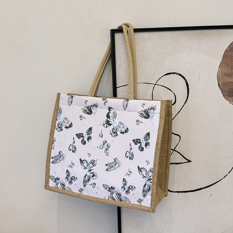 2026新款小清新蝴蝶托特包新中式编织亚麻包单肩包ins通勤大包女