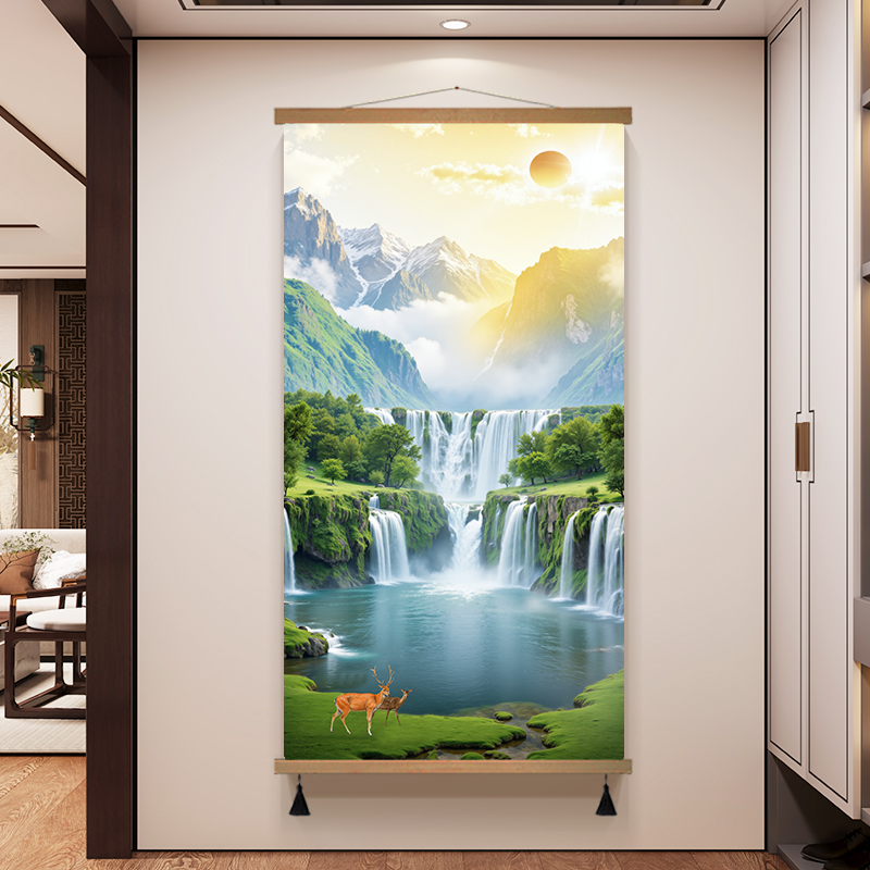 流水生财山水风景画入户玄关装饰画进门旭日东升挂画走廊过道挂画图片