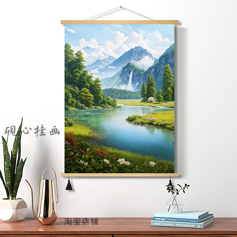 流水生财入户进门装饰画客厅背景墙挂画玄关走道餐厅山水风景壁画图片