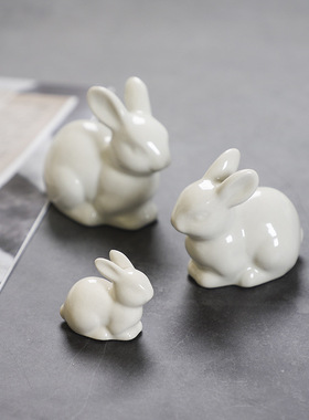 陶瓷小白兔兔斯基 大耳朵兔子 苔藓微景观配件陶瓷摆件家居装饰