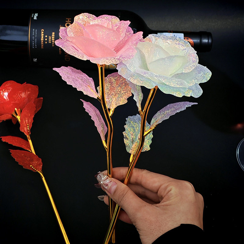 单支炫彩玫瑰花金箔仿真花PVC盒装 母亲教师情人节礼物发光小礼品