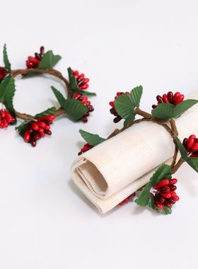 圣诞红果深红果子餐巾环餐巾圈 细烛台装饰蜡烛环仿真花mini花环