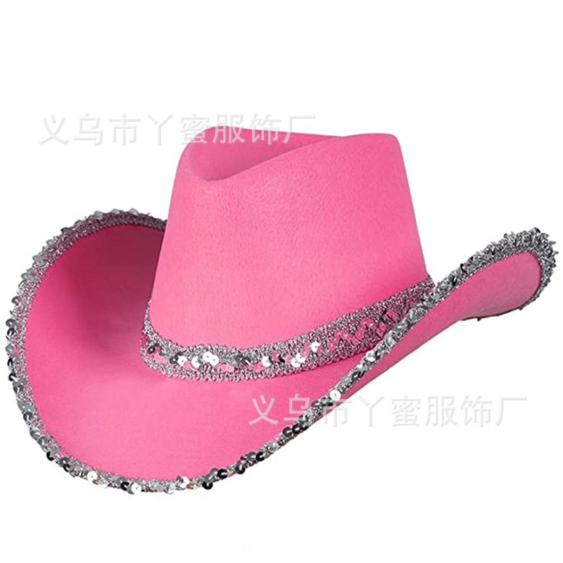 德州牛仔帽粉色银边西部牛仔帽 花式礼服迪克牛仔帽