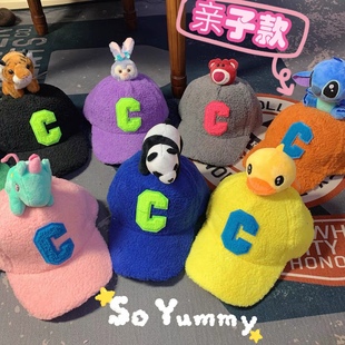 秋冬糖果色亲子立体恐龙公仔棒球帽男童熊猫鸭舌帽儿童羊羔绒帽子