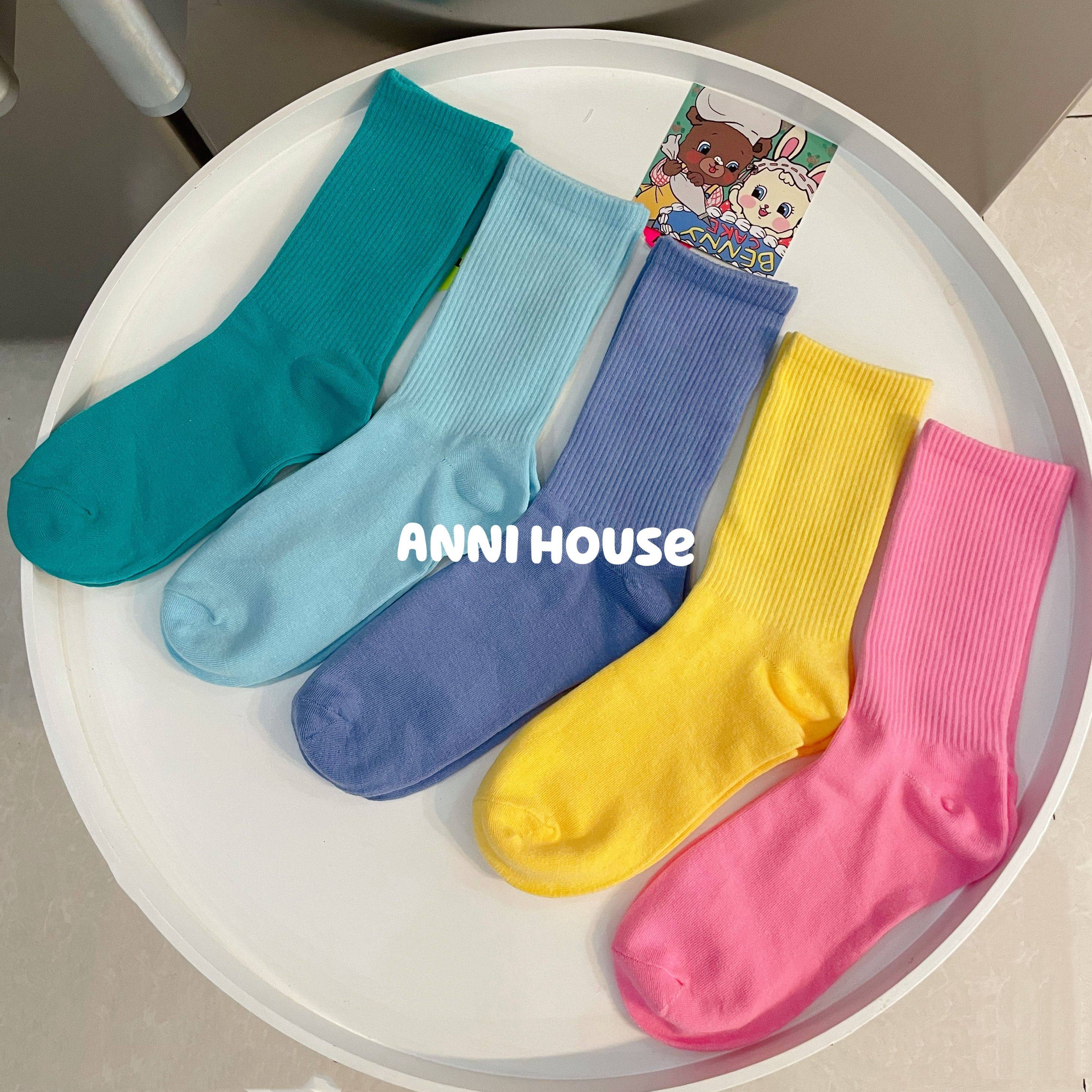 彩色袜子女薄款马卡龙棉质中筒袜ins潮冰淇淋粉色荧光糖果色