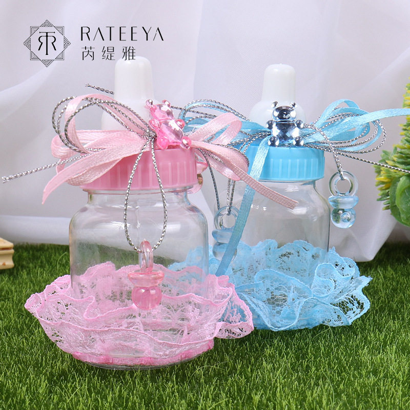 欧式新款创意喜糖盒钻小熊蕾丝花边配饰小奶瓶形状糖果盒婚庆