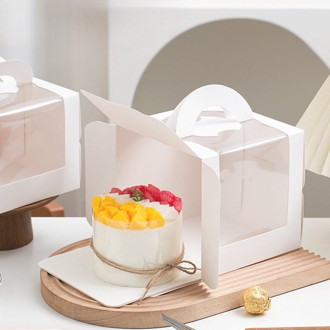 加厚白色手提蛋糕盒韩式4寸生日蛋糕打包盒6寸开窗慕斯包装盒加高
