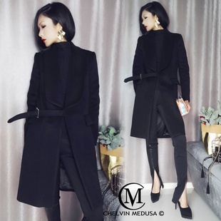 赫本高端2024流行大衣女厚呢子毛呢外套女中长款 新款 秋冬黑色时尚