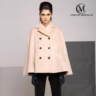 新款 复古双排扣名媛西服领毛呢大衣斗篷披肩 2019秋冬欧美经典
