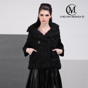 秋冬2021新款 欧美翻领仿羔羊毛皮草拼接加厚短羊毛呢大衣