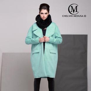 新款 复古马卡龙茧型长毛中长羊毛呢外套大衣 2019秋冬欧美走秀款