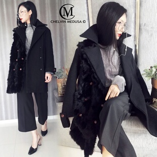 欧洲站黑真皮兔毛毛皮毛一体外套女派克服中长款 大衣皮草2021新款