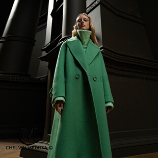 大衣女 加厚中长款 2024冬新款 高端赫本绿色双面毛呢宽松外套女装