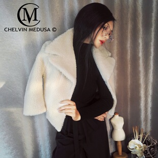 时尚 仿皮草修身 收腰派克人造毛毛皮羊剪绒大衣女冬 欧洲站短款 新款