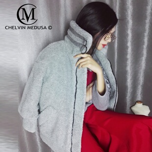 新款 欧洲站加厚宽松机车灰色大衣羊剪绒人造毛毛皮毛一体外套女冬