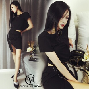 女夏时尚 欧洲站2020新款 短裙套装 气质开叉性感短袖 chic两件套 短袖