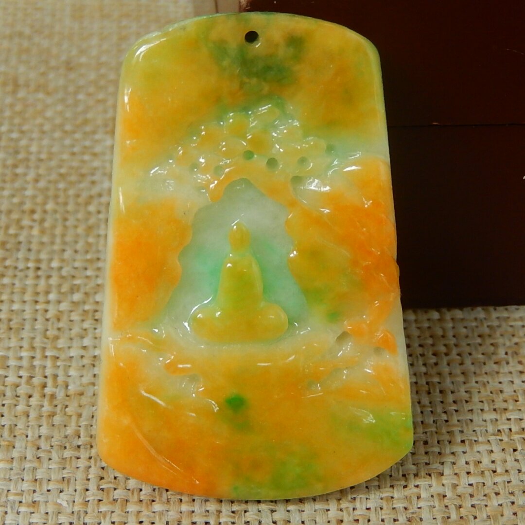 缅甸A货翡翠原石半明料玉石毛料大马坎黄加绿无相佛牌子挂件K9646